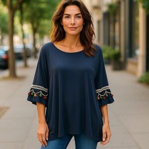 RXB Tunic Top Blue Festive Boho Fringe Party Boho 3XL 2XL Beach Mexican Cruise